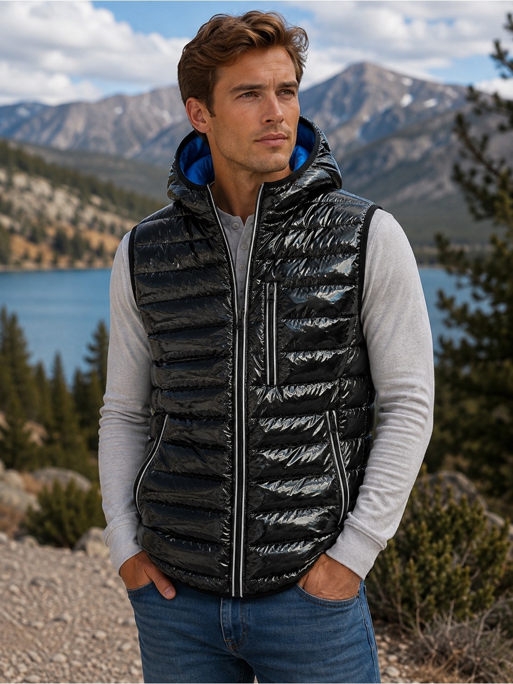 Noize New Gavyn Black & Blue Glossy Hooded Puffer Vest